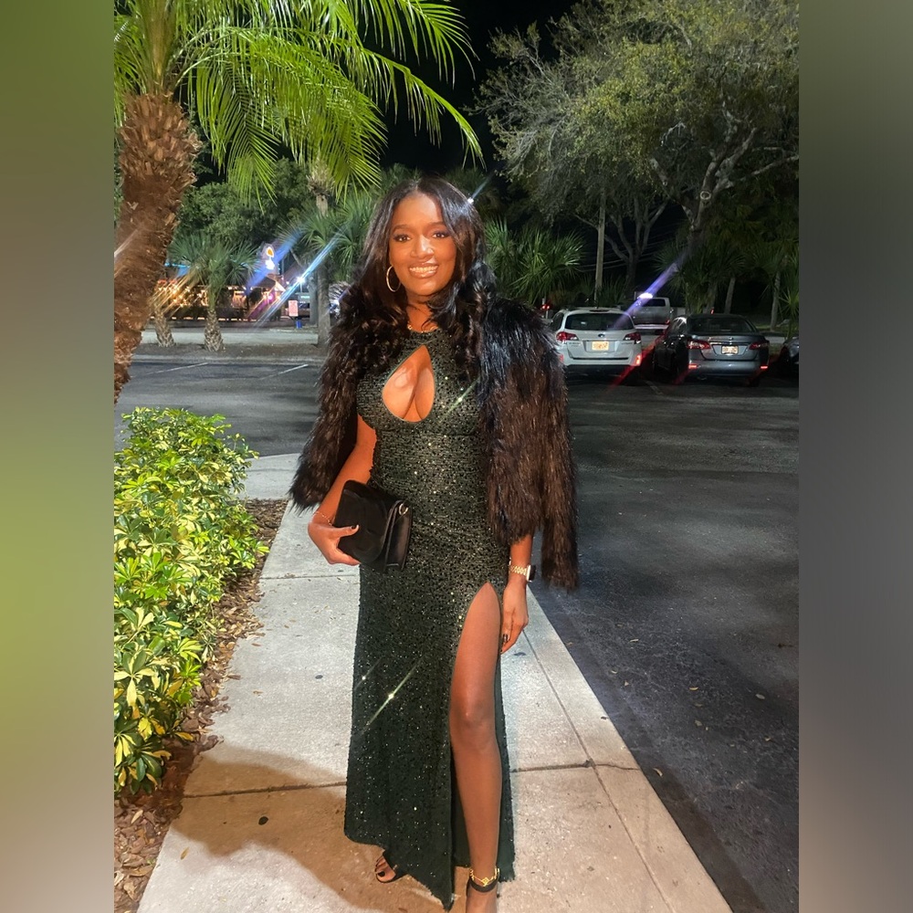 Army Green high split halter neck sequin dress with cutout